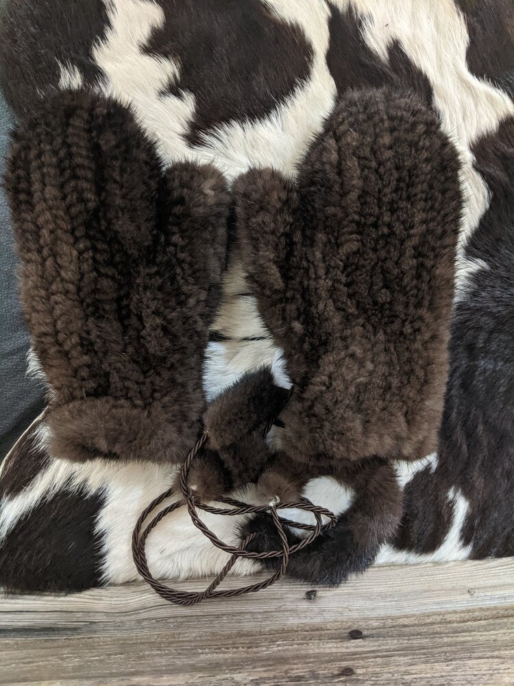 Brown Knitted Mink Mittens, O/S