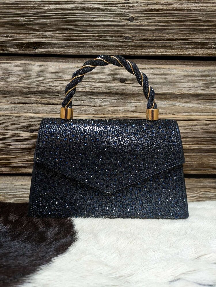 Navy Blue Rhinestone Evening Clutch w/ Chain Strap