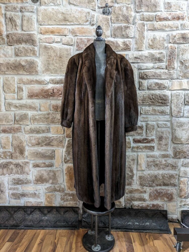 Medium Brown Mink Long Coat with Shawl Collar, Size XL