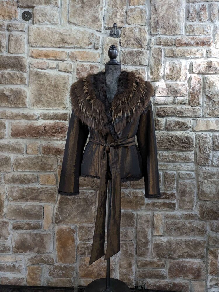 Iridescent Bronze Reversible Rabbit With Fox And Raccoon Trim, Size L