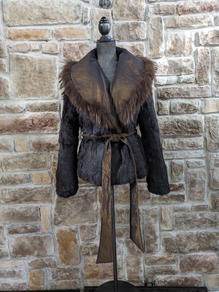 Iridescent Bronze Reversible Rabbit With Fox And Raccoon Trim, Size L