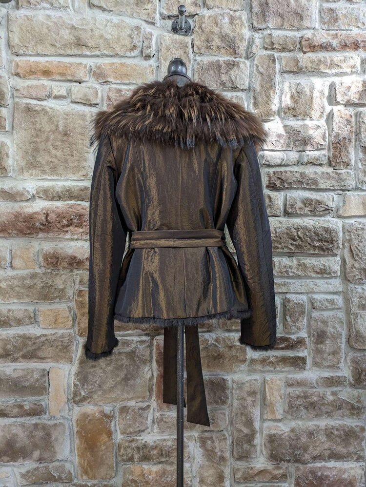 Iridescent Bronze Reversible Rabbit With Fox And Raccoon Trim, Size L