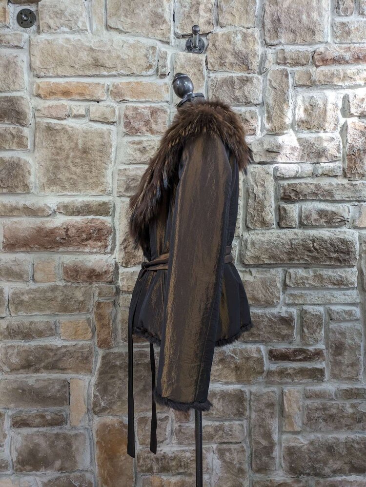 Iridescent Bronze Reversible Rabbit With Fox And Raccoon Trim, Size L