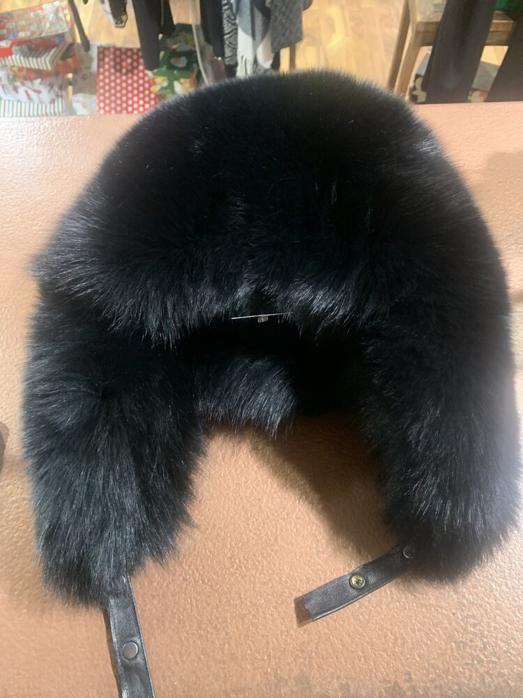 Black Fox Russian Ushanka Style Hat, Size L/XL