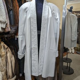 White Leather Swing Coat with Rhinestone Studs, Size L