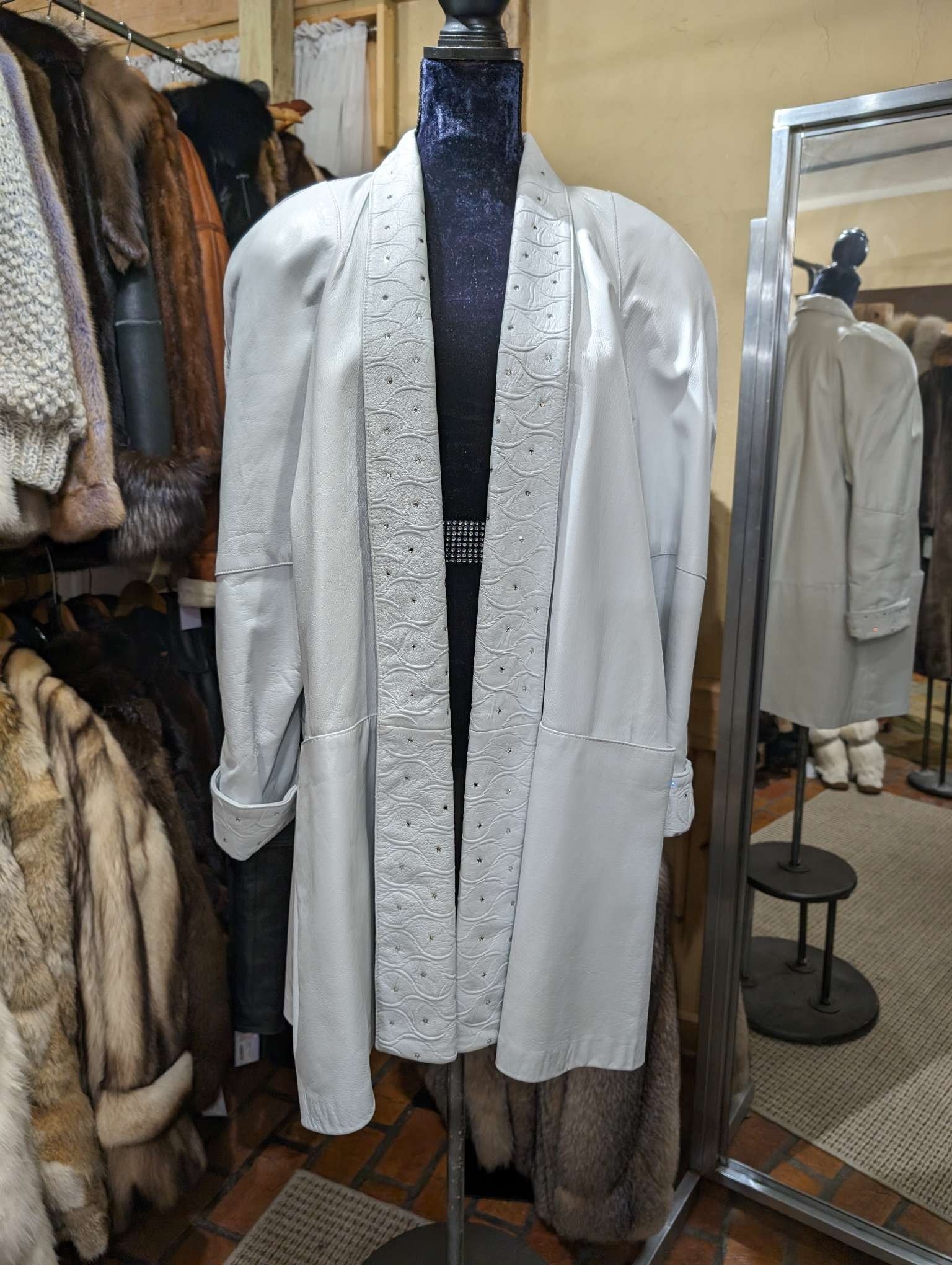 White Leather Swing Coat with Rhinestone Studs, Size L White Leather Swing Coat with Rhinestone Studs, Size L