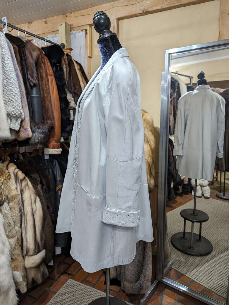 White Leather Swing Coat with Rhinestone Studs, Size L