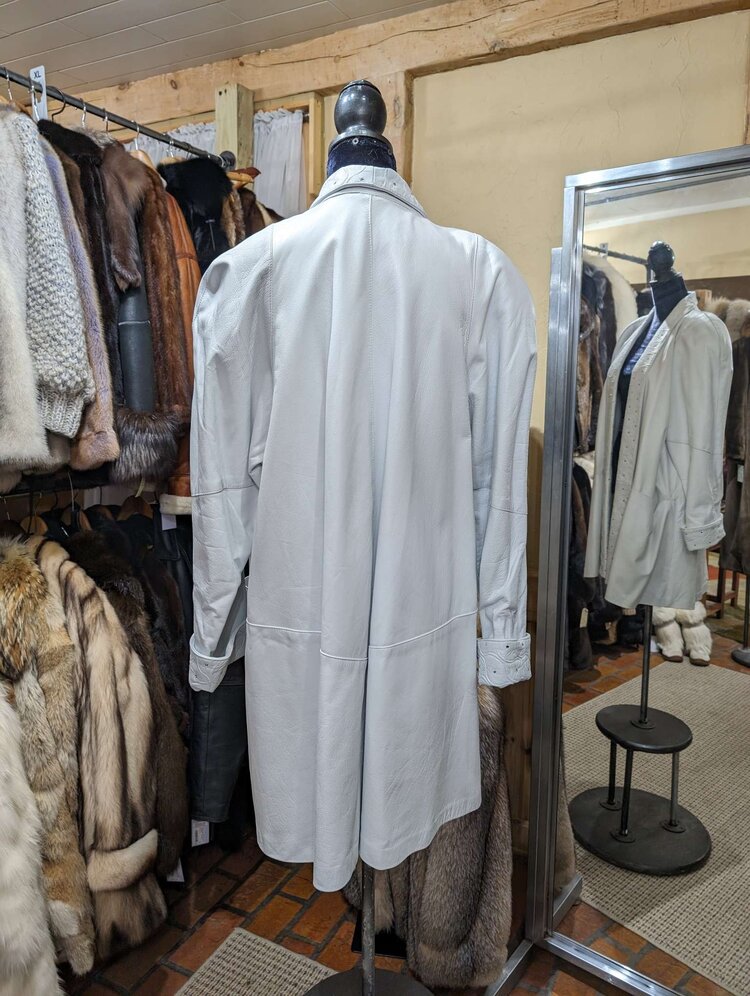 White Leather Swing Coat with Rhinestone Studs, Size L