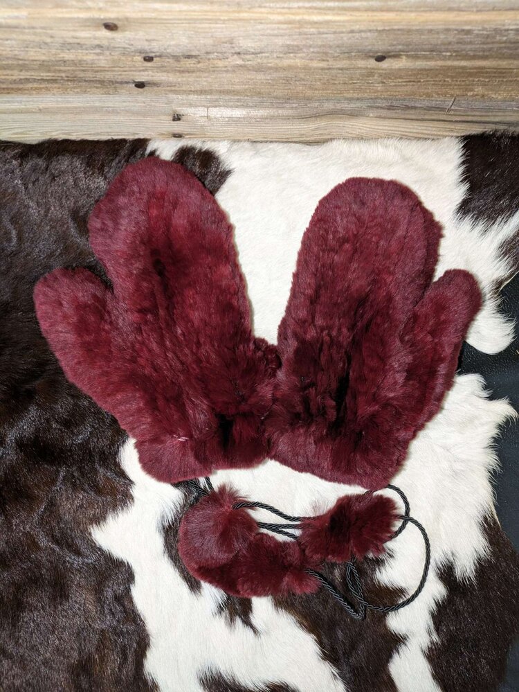 Wine Knitted Rabbit Mittens, O/S