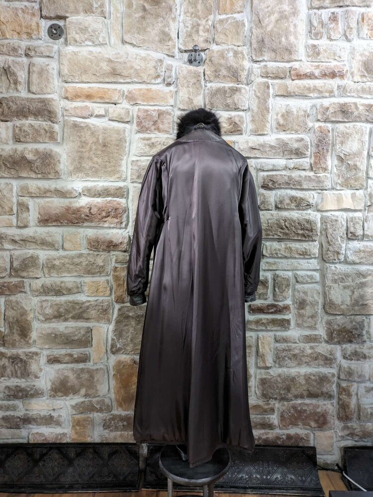 Dark Brown Leather Long Coat With Fox Tux Trim, Size L