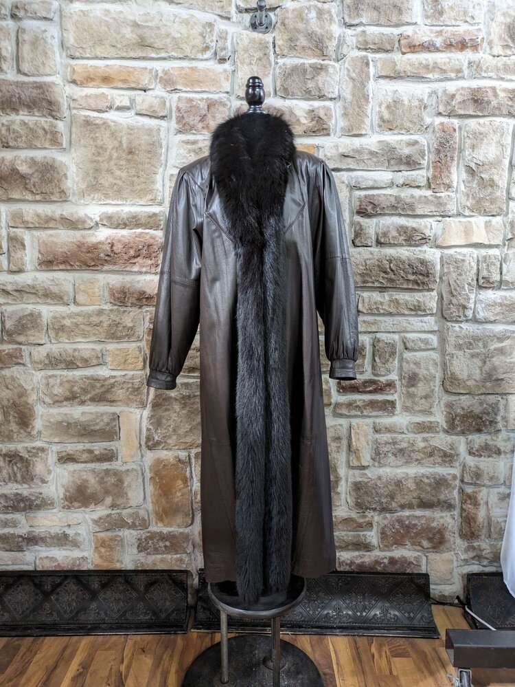 Dark Brown Leather Long Coat With Fox Tux Trim, Size L