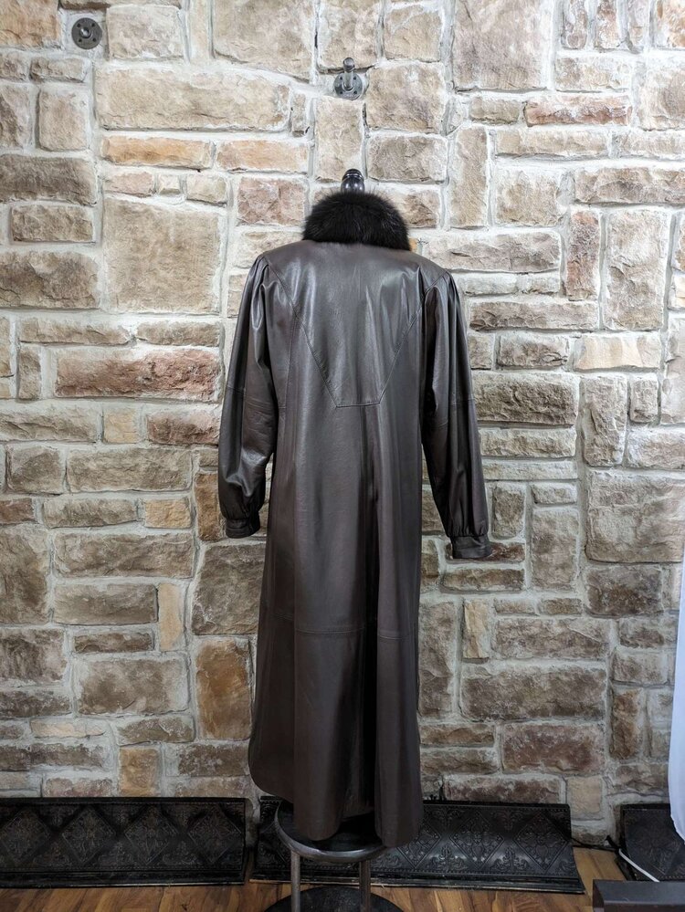 Dark Brown Leather Long Coat With Fox Tux Trim, Size L