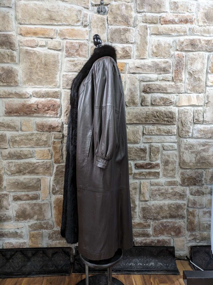 Dark Brown Leather Long Coat With Fox Tux Trim, Size L