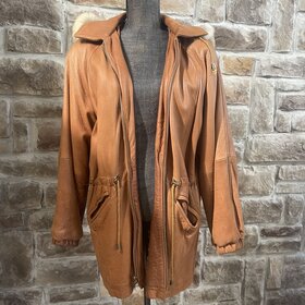 Hide Side Outfitters Cognac Leather Parka with Detachable Hood and Coyote Trim, Size M/L