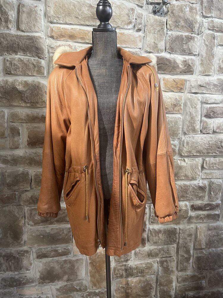 Hide Side Outfitters Cognac Leather Parka with Detachable Hood and Coyote Trim, Size M/L