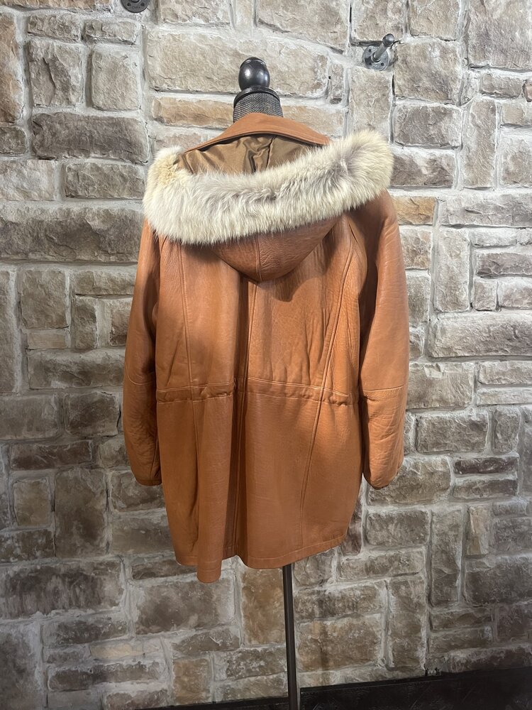 Hide Side Outfitters Cognac Leather Parka with Detachable Hood and Coyote Trim, Size M/L
