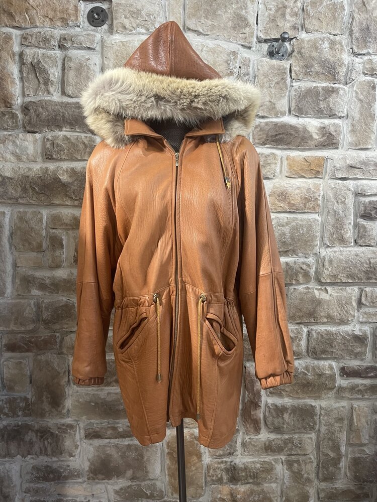 Hide Side Outfitters Cognac Leather Parka with Detachable Hood and Coyote Trim, Size M/L