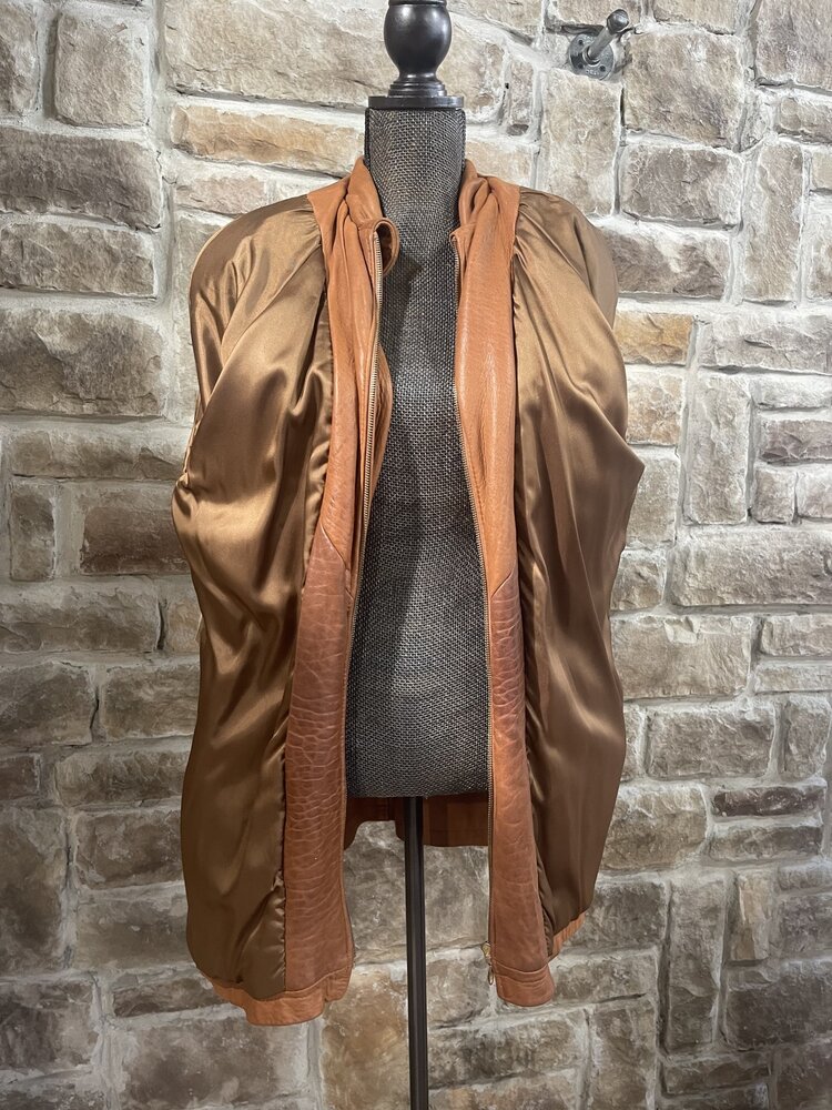 Hide Side Outfitters Cognac Leather Parka with Detachable Hood and Coyote Trim, Size M/L