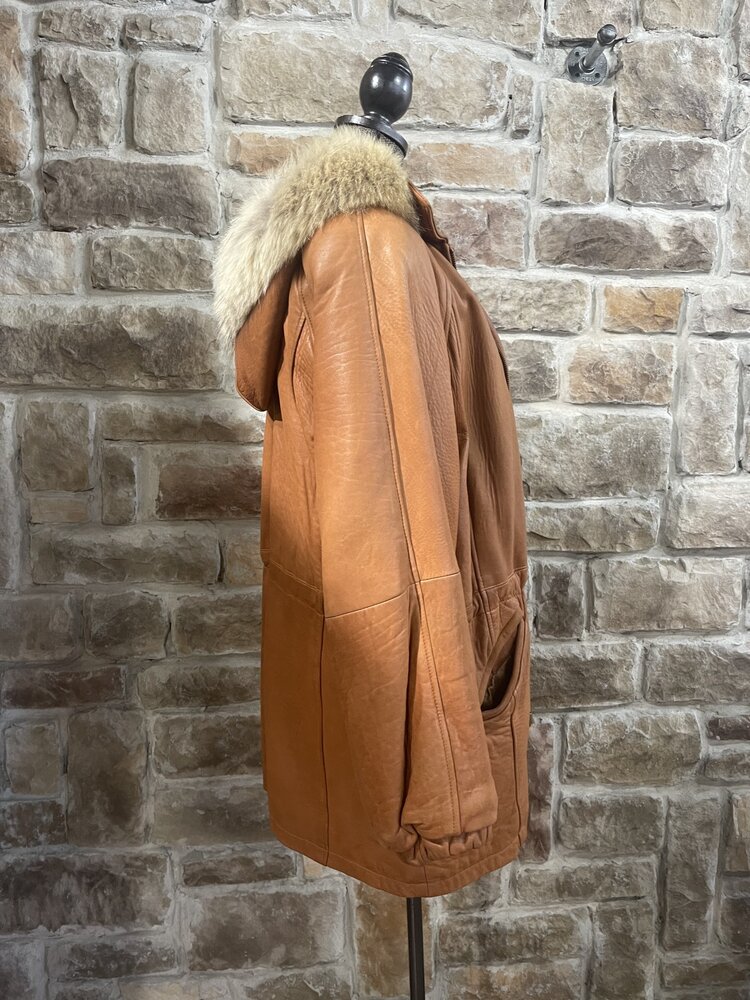 Hide Side Outfitters Cognac Leather Parka with Detachable Hood and Coyote Trim, Size M/L