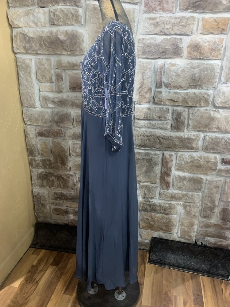 Gray Blue Beaded Top Long Sleeve Gown, Size 16
