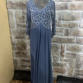 Gray Blue Beaded Top Long Sleeve Gown, Size 16