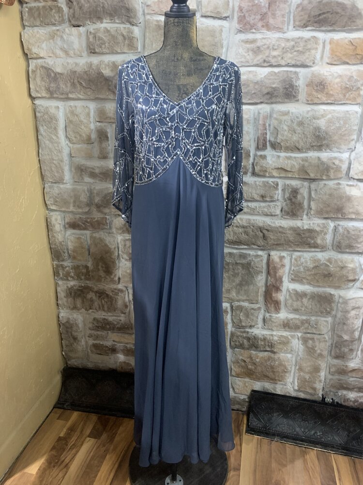 Gray Blue Beaded Top Long Sleeve Gown, Size 16