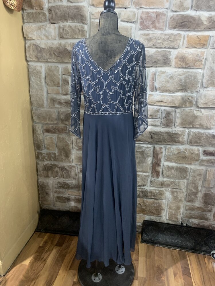 Gray Blue Beaded Top Long Sleeve Gown, Size 16