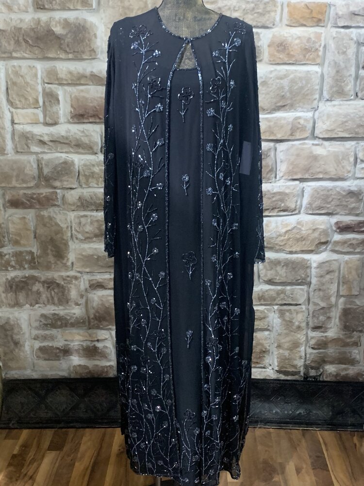Jkara Black Sheer Beaded Dress with Jacket, Size 20W