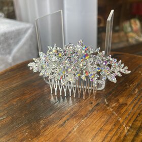 AB Iridescent Silver Stone Cluster Flower Comb