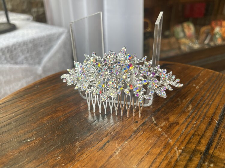 AB Iridescent Silver Stone Cluster Flower Comb