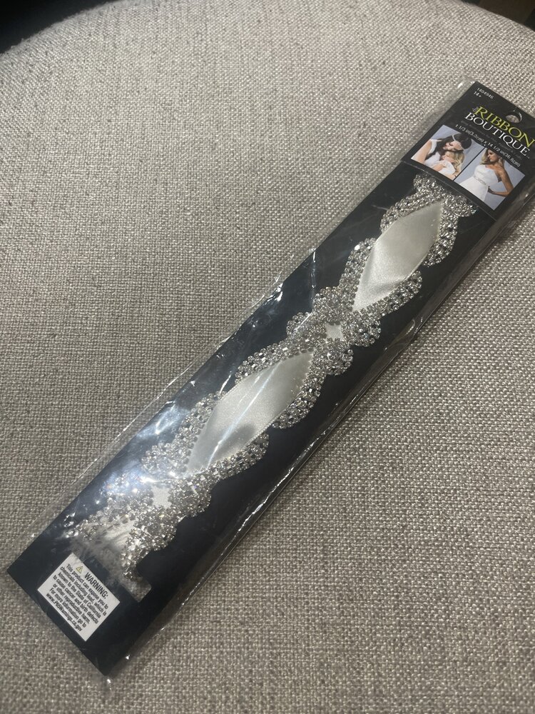 Ivory Ribbon Belt / Headband W/ Rhinestone Trim, O/S