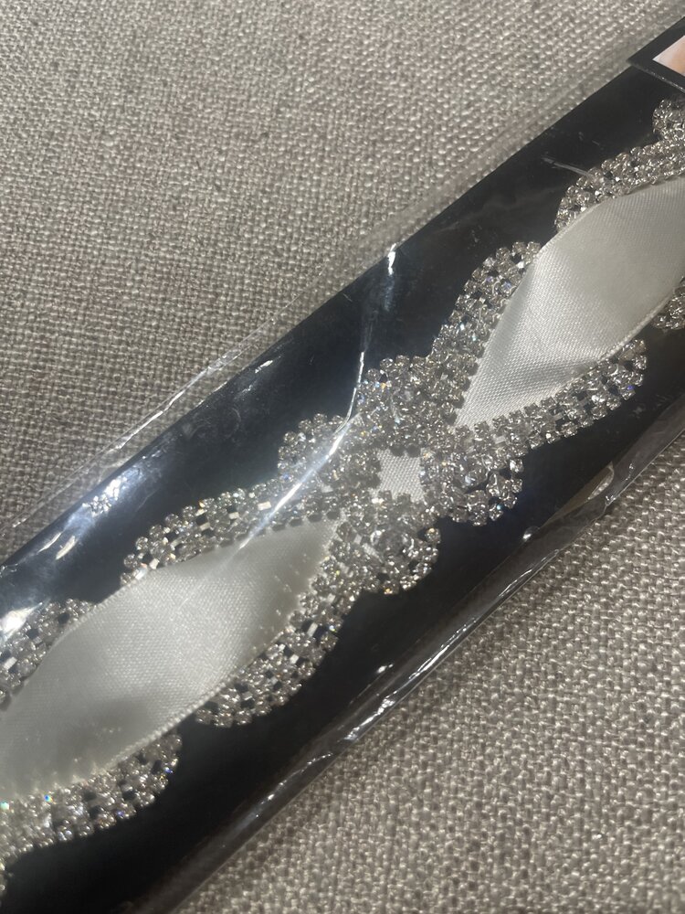 Ivory Ribbon Belt / Headband W/ Rhinestone Trim, O/S