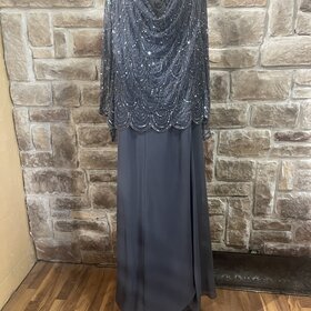 Jkara Gray Gown with Scallop Beaded Top and Full Skirt, Size 22W