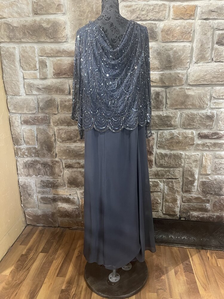 Jkara Gray Gown with Scallop Beaded Top and Full Skirt, Size 22W