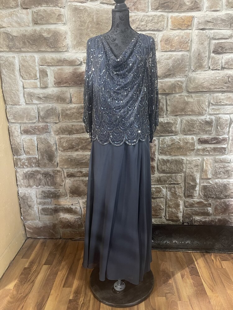 Jkara Gray Gown with Scallop Beaded Top and Full Skirt, Size 22W