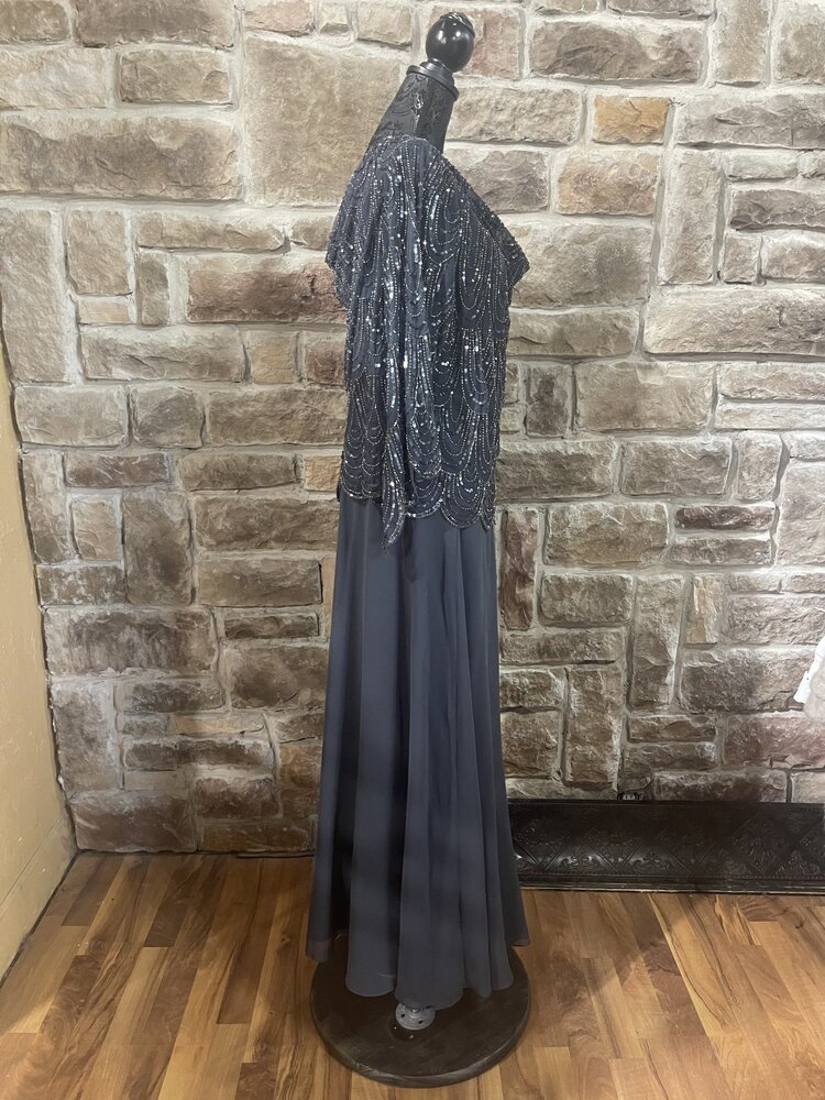 Jkara Gray Gown with Scallop Beaded Top and Full Skirt, Size 22W