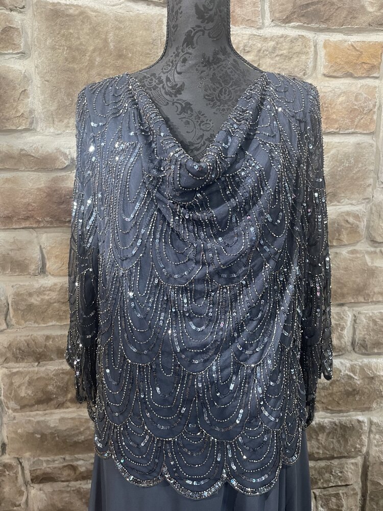 Jkara Gray Gown with Scallop Beaded Top and Full Skirt, Size 22W