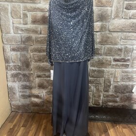Jkara Gray Gunmetal Gown with Sequin Cowl Top and Full Skirt, Size 20W