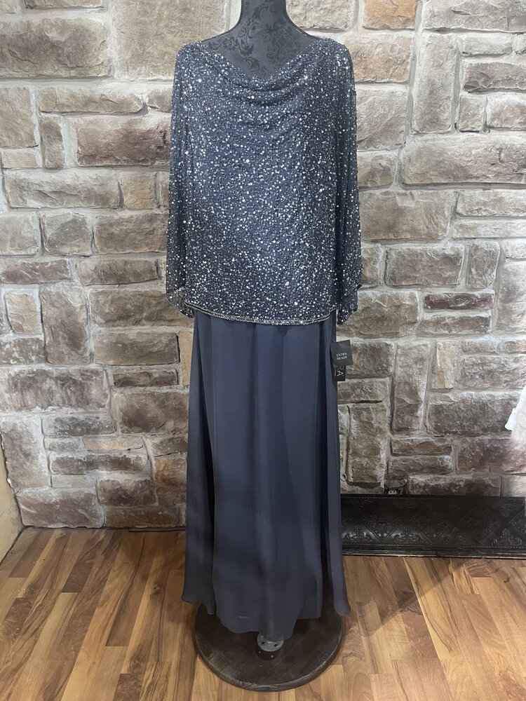 Jkara Gray Gunmetal Gown with Sequin Cowl Top and Full Skirt, Size 20W