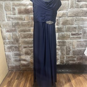 Alex Evening Navy Gown with Cowl and Jeweled Applique, Size 18