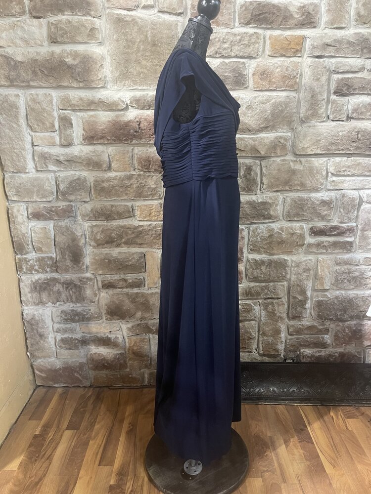 Alex Evening Navy Gown with Cowl and Jeweled Applique, Size 18