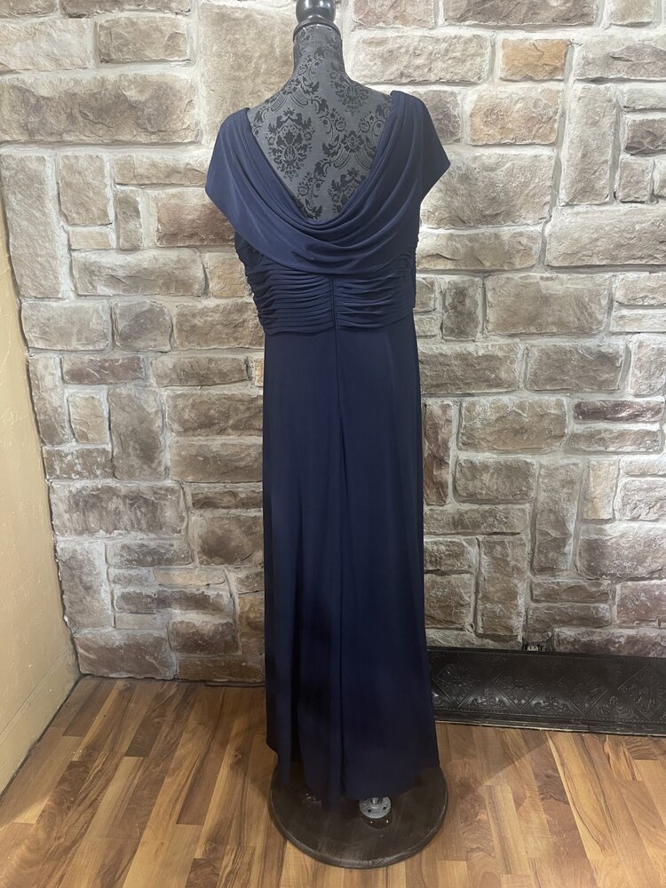 Alex Evening Navy Gown with Cowl and Jeweled Applique, Size 18