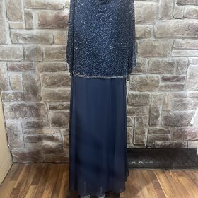Jkara Navy Gown with Sequin Beaded Cowl Top and Full Skirt, Size 18W