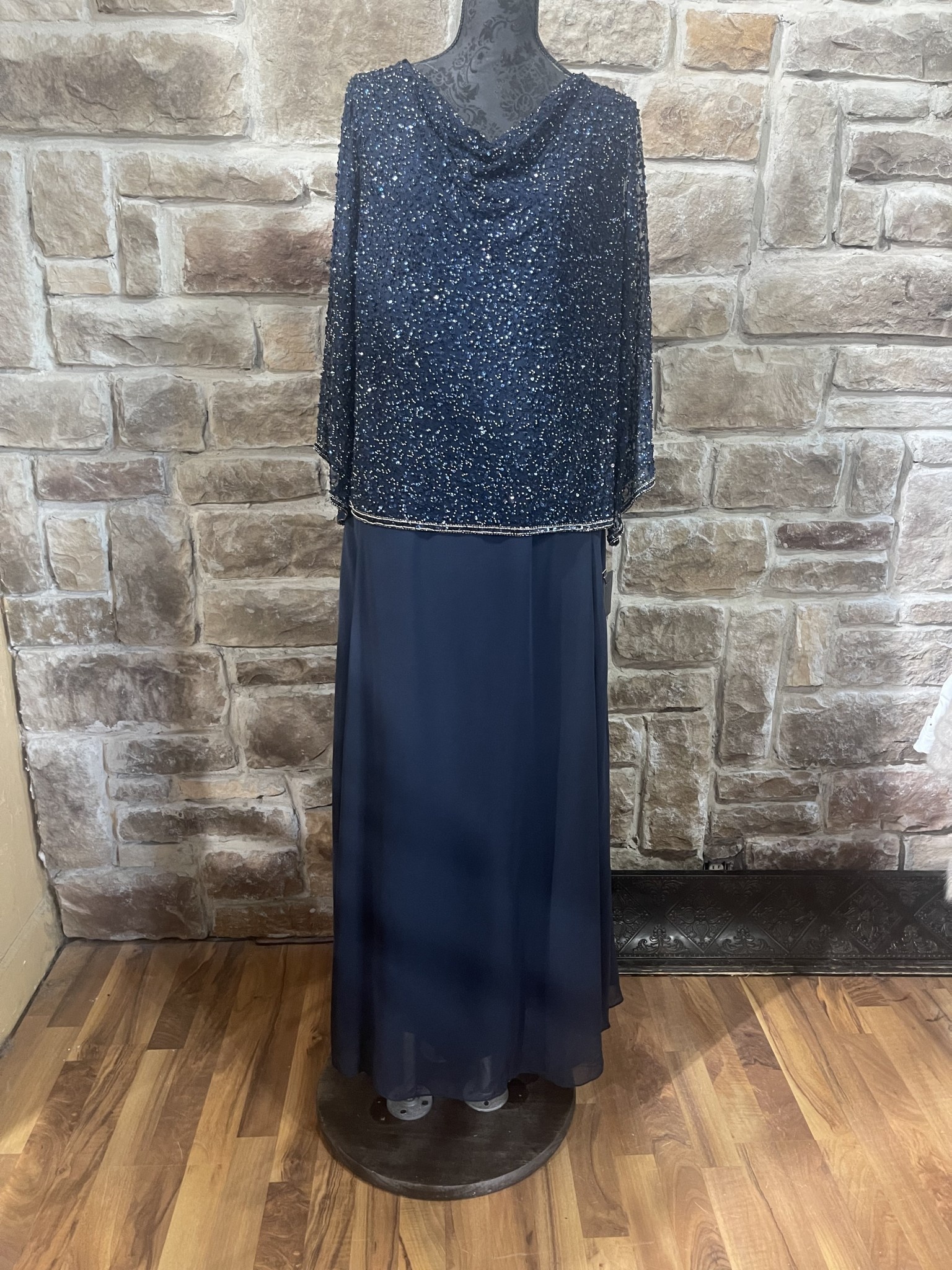 Jkara Navy Gown with Sequin Beaded Cowl Top and Full Skirt Jkara Navy Gown with Sequin Beaded Cowl Top and Full Skirt