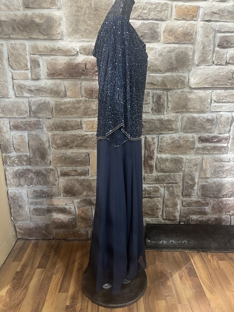 Jkara Navy Gown with Sequin Beaded Cowl Top and Full Skirt, Size 18W