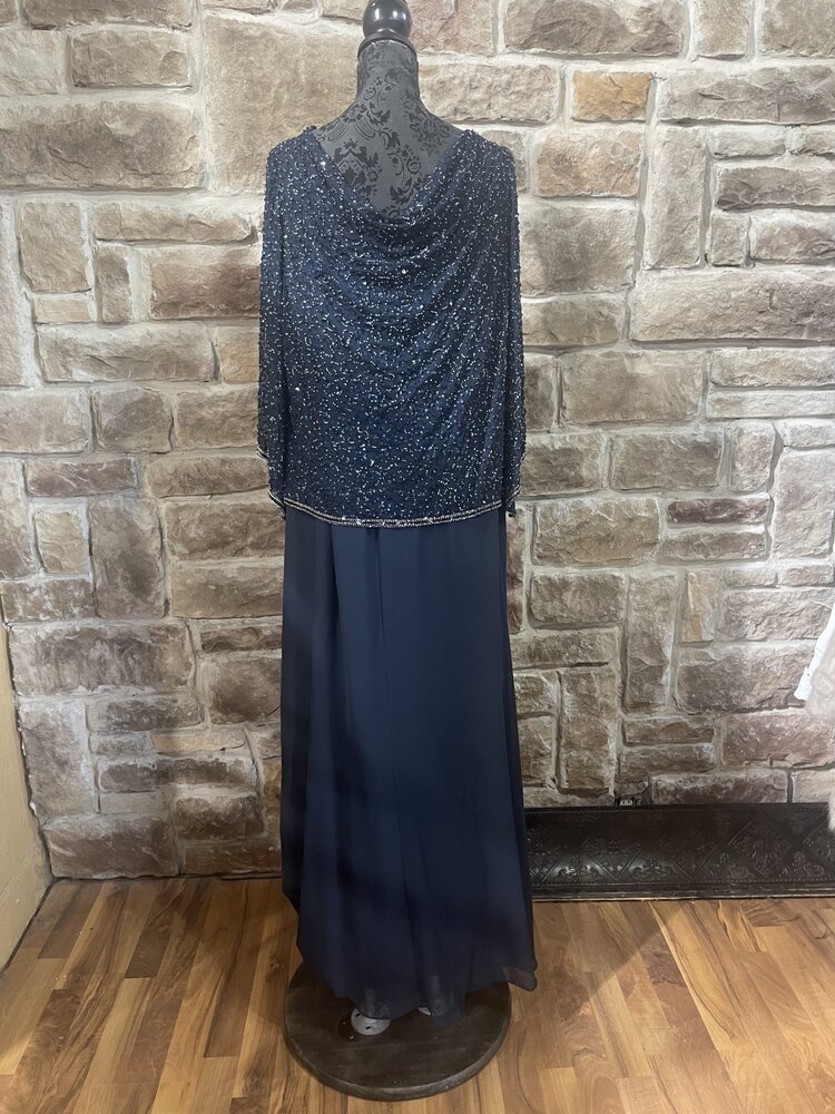 Jkara Navy Gown with Sequin Beaded Cowl Top and Full Skirt, Size 18W