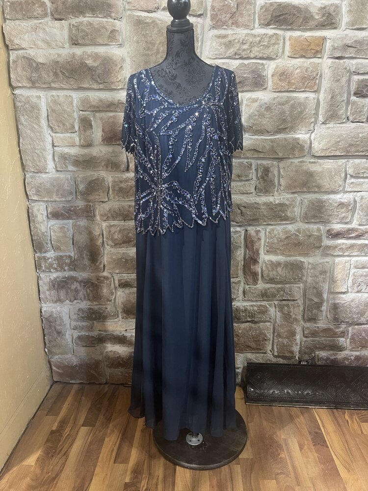 Jkara Navy Sequin Top Asymmetrical Formal Gown, Size 22W