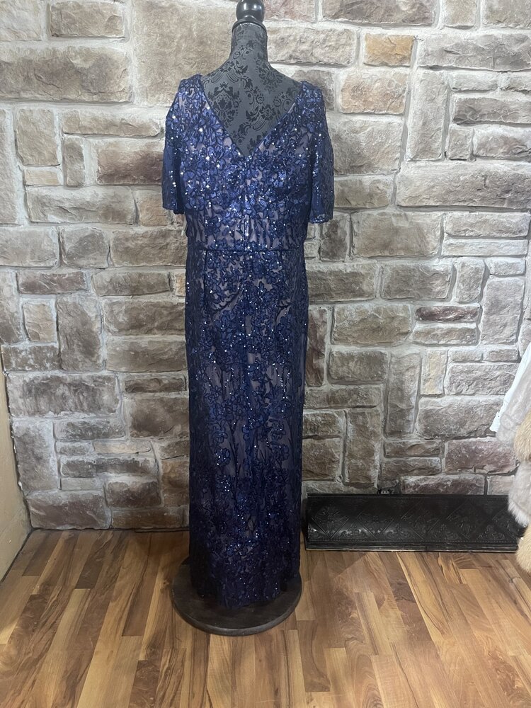 Jkara Navy Sequin Top Asymmetrical Formal Gown, Size 22W