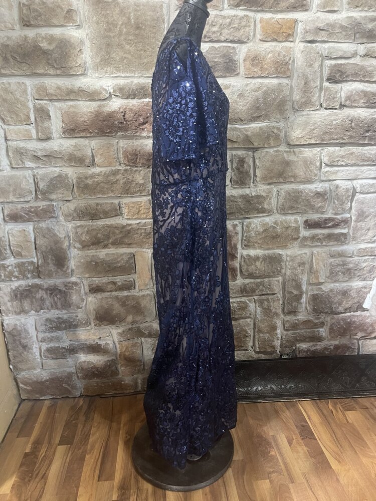 Jkara Navy Sequin Top Asymmetrical Formal Gown, Size 22W