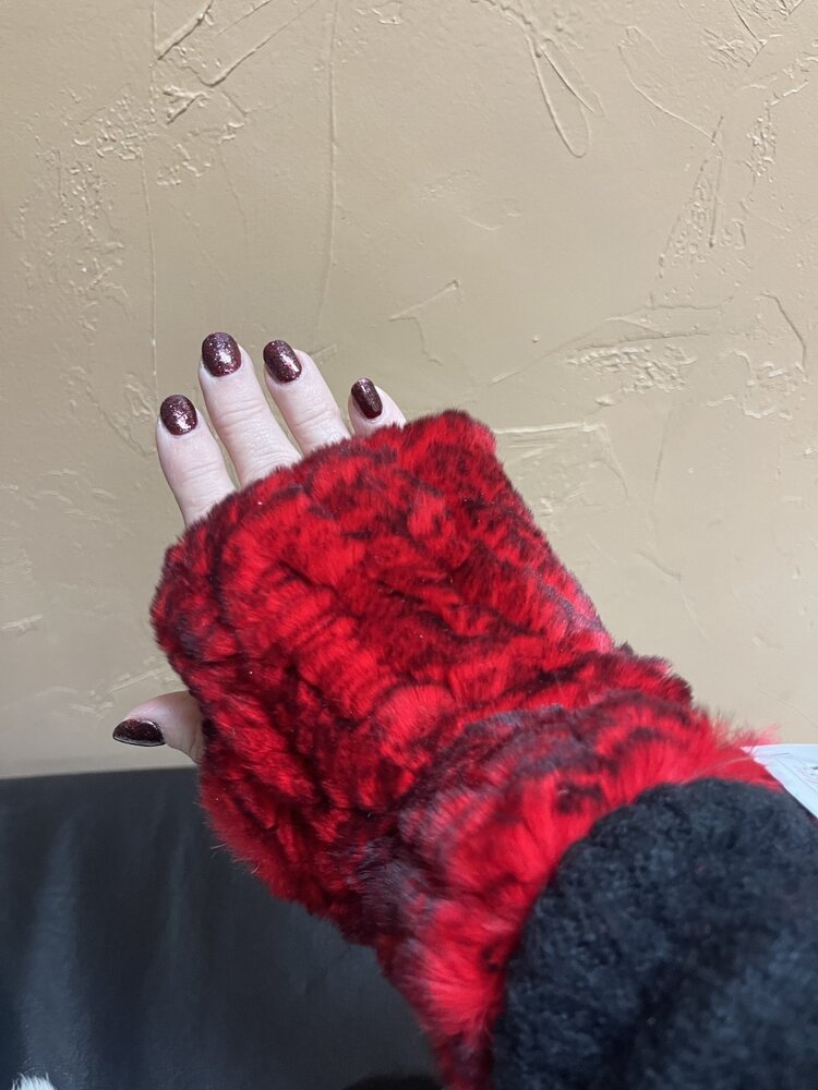 Red and Black Knitted Rabbit Wrist Fingerless Gloves, O/S